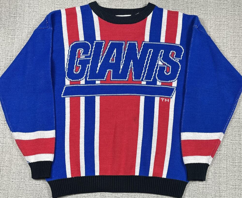 Vintage New York Giants Knitted Sweater Mens L Blue Big Logo NFL Riddell 90s